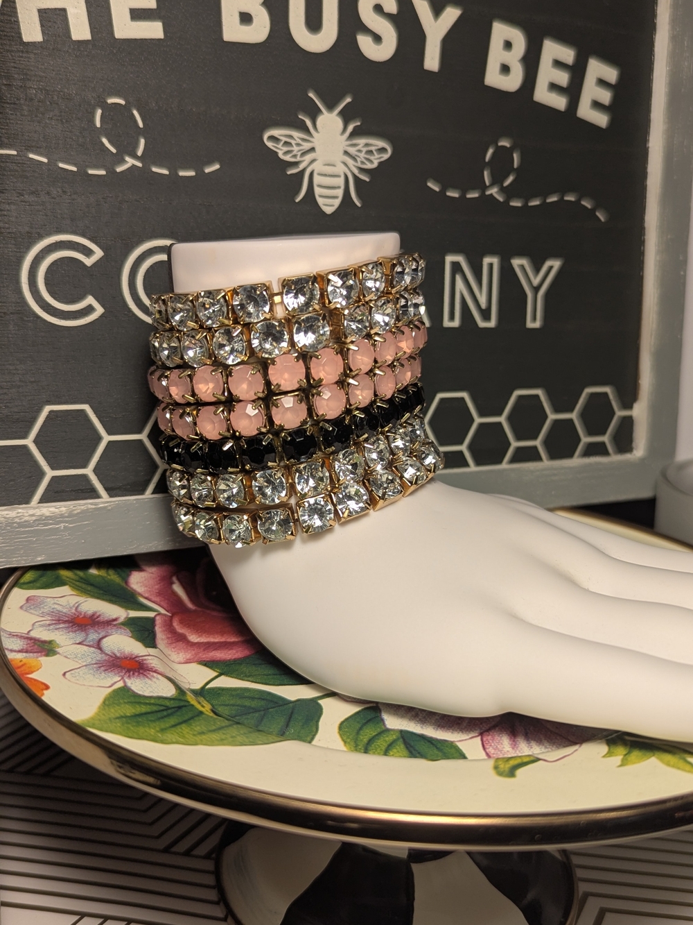 Crystal, Black and Pink Multi-Row Stretch Bracelet